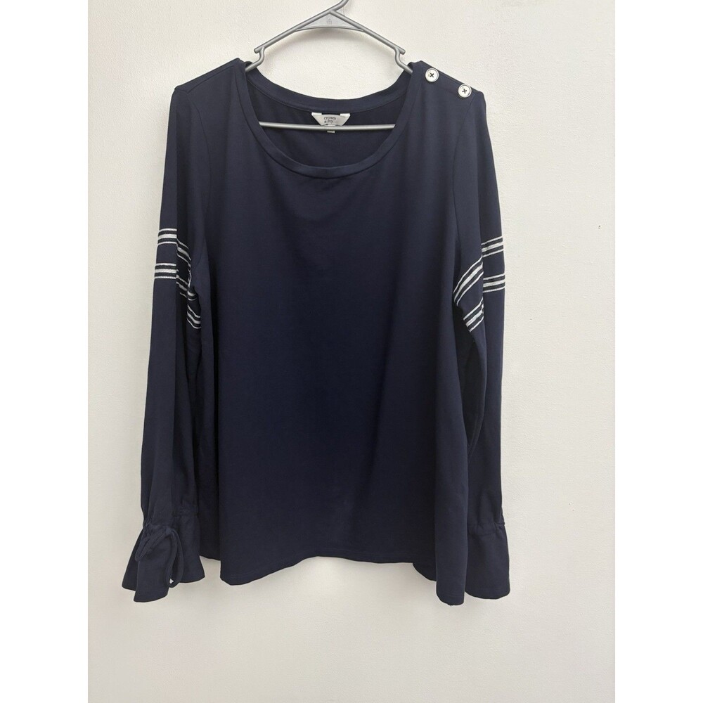 Crown & Ivy Women's XL Navy Blue Top Long Sleeve Shoulder Button Stripe Flared